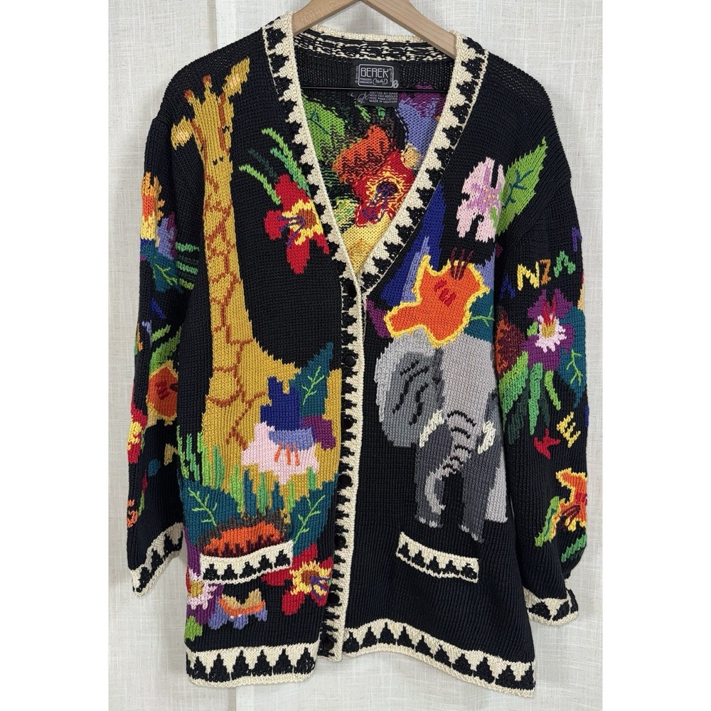 Vintage BEREK 92‎ Hand Knit Sweater Marta D Large Africa Nature Animals Cardigan